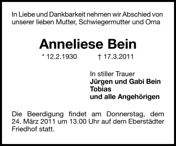 Traueranzeige von Anneliese Bein von Echo-Zeitungen (Gesamtausgabe)