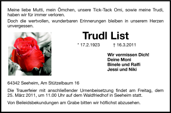 Traueranzeige von Trudl List von Echo-Zeitungen (Gesamtausgabe)