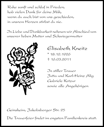 Traueranzeige von Elisabeth Kneitz von Rüsselsheimer Echo, Groß-Gerauer-Echo, Ried Echo