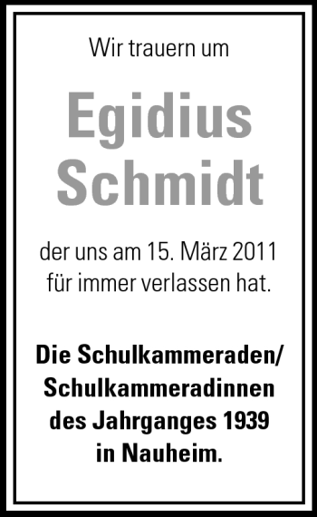 Traueranzeige von Egidius Schmidt von Rüsselsheimer Echo, Groß-Gerauer-Echo, Ried Echo