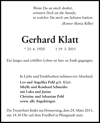 Traueranzeige von Gerhard Klatt von Echo-Zeitungen (Gesamtausgabe)