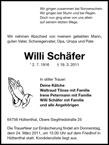 Traueranzeige von Willi Schäfer von Odenwälder Echo