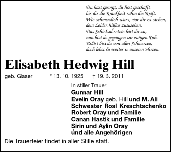Traueranzeige von Elisabeth Hedwig Hill von Darmstädter Echo, Odenwälder Echo, Rüsselsheimer Echo, Groß-Gerauer-Echo, Ried Echo