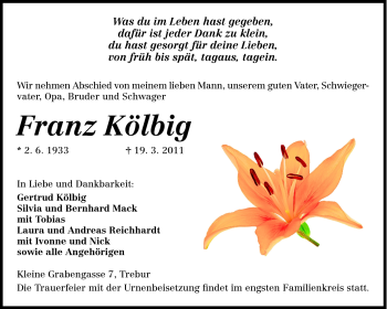 Traueranzeige von Franz Kölbig von Rüsselsheimer Echo, Groß-Gerauer-Echo, Ried Echo