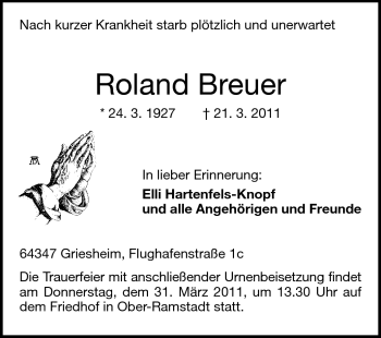 Traueranzeige von Roland Breuer von Darmstädter Echo, Odenwälder Echo, Rüsselsheimer Echo, Groß-Gerauer-Echo, Ried Echo