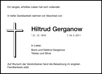 Traueranzeige von Hiltrud Gerganow von Darmstädter Echo, Odenwälder Echo, Rüsselsheimer Echo, Groß-Gerauer-Echo, Ried Echo
