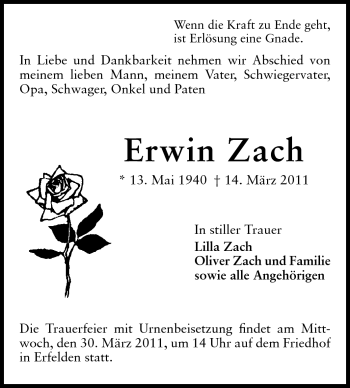 Traueranzeige von Erwin Zach von Rüsselsheimer Echo, Groß-Gerauer-Echo, Ried Echo
