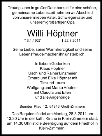 Traueranzeige von Willi Höptner von Echo-Zeitungen (Gesamtausgabe)