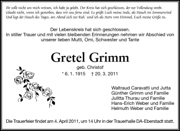 Traueranzeige von Gretel Grimm von Darmstädter Echo, Odenwälder Echo, Rüsselsheimer Echo, Groß-Gerauer-Echo, Ried Echo