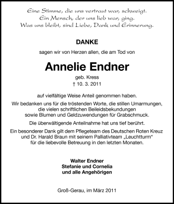 Traueranzeige von Annelie Endner von Rüsselsheimer Echo, Groß-Gerauer-Echo, Ried Echo