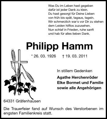 Traueranzeige von Philipp Hamm von Echo-Zeitungen (Gesamtausgabe)