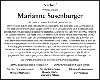 Traueranzeige von Marianne Susenburger von Rüsselsheimer Echo, Groß-Gerauer-Echo, Ried Echo