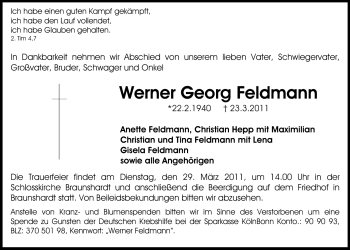 Traueranzeige von Werner Georg Feldmann von Echo-Zeitungen (Gesamtausgabe)