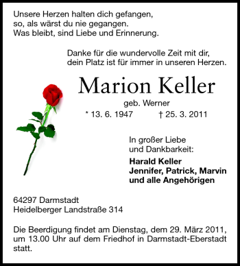 Traueranzeige von Marion Keller von Darmstädter Echo, Odenwälder Echo, Rüsselsheimer Echo, Groß-Gerauer-Echo, Ried Echo