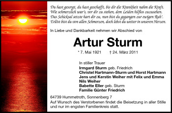 Traueranzeige von Artur Sturm von Echo-Zeitungen (Gesamtausgabe)