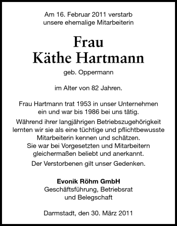 Traueranzeige von Käthe Hartmann von Echo-Zeitungen (Gesamtausgabe)