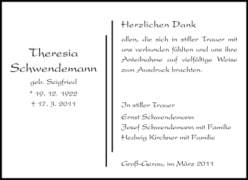 Traueranzeige von Theresia Schwendemann von Rüsselsheimer Echo, Groß-Gerauer-Echo, Ried Echo