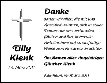Traueranzeige von Tilly Klenk von Echo-Zeitungen (Gesamtausgabe)