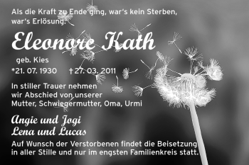 Traueranzeige von Eleonore Kath von Darmstädter Echo, Odenwälder Echo, Rüsselsheimer Echo, Groß-Gerauer-Echo, Ried Echo