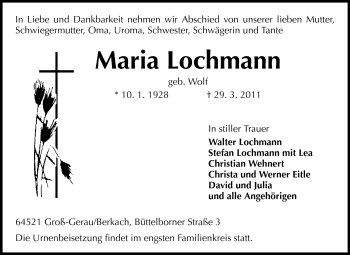 Traueranzeige von Maria Lochmann von Rüsselsheimer Echo, Groß-Gerauer-Echo, Ried Echo