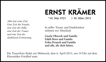 Traueranzeige von Ernst Krämer von Echo-Zeitungen (Gesamtausgabe)