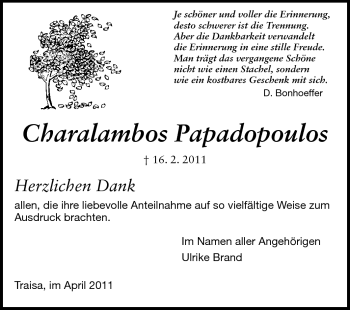 Traueranzeige von Charalambos Papadopoulos von Darmstädter Echo, Odenwälder Echo, Rüsselsheimer Echo, Groß-Gerauer-Echo, Ried Echo