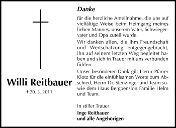 Traueranzeige von Willi Reitbauer von Echo-Zeitungen (Gesamtausgabe)