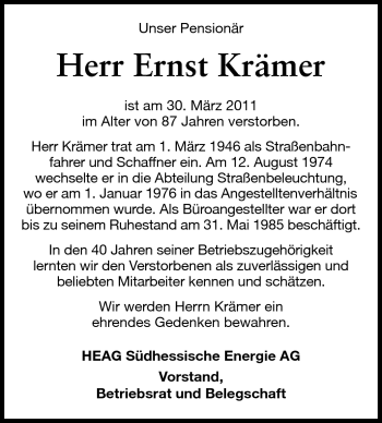 Traueranzeige von Ernst Krämer von Echo-Zeitungen (Gesamtausgabe)