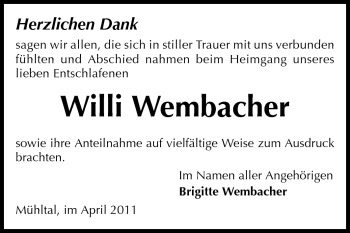 Traueranzeige von Willi Wembacher von Echo-Zeitungen (Gesamtausgabe)