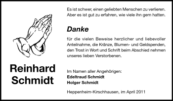 Traueranzeige von Reinhard Schmidt von Starkenburger Echo