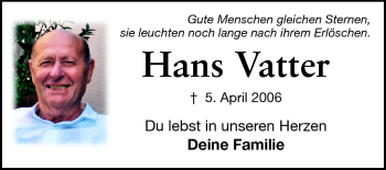 Traueranzeige von Hans Vatter von Rüsselsheimer Echo, Groß-Gerauer-Echo, Ried Echo