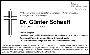 Traueranzeige von Dr. Günter Schaaff von Darmstädter Echo, Odenwälder Echo, Rüsselsheimer Echo, Groß-Gerauer-Echo, Ried Echo