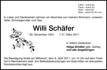 Traueranzeige von Willi Schäfer von Darmstädter Echo, Odenwälder Echo, Rüsselsheimer Echo, Groß-Gerauer-Echo, Ried Echo