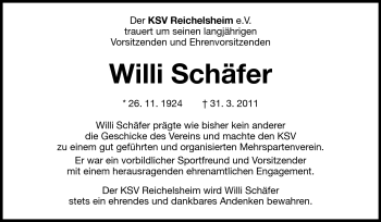 Traueranzeige von Willi Schäfer von Odenwälder Echo