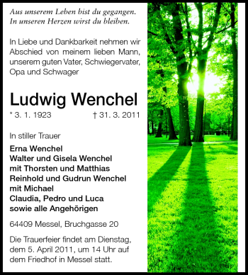 Traueranzeige von Ludwig Wenchel von Darmstädter Echo, Odenwälder Echo, Rüsselsheimer Echo, Groß-Gerauer-Echo, Ried Echo