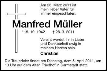 Traueranzeige von Manfred Müller von Darmstädter Echo, Odenwälder Echo, Rüsselsheimer Echo, Groß-Gerauer-Echo, Ried Echo