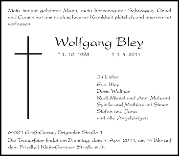 Traueranzeige von Wolfgang Bley von Rüsselsheimer Echo, Groß-Gerauer-Echo, Ried Echo