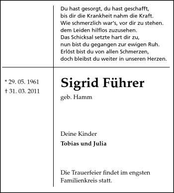 Traueranzeige von Sigrid Führer von Rüsselsheimer Echo, Groß-Gerauer-Echo, Ried Echo