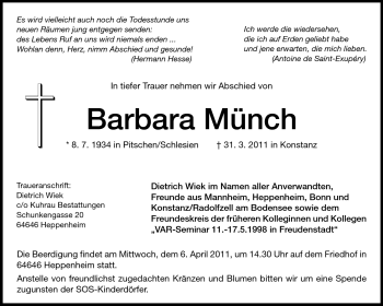 Traueranzeige von Barbara Münch von Starkenburger Echo