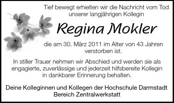 Traueranzeige von Regina Mokler von Darmstädter Echo, Odenwälder Echo, Rüsselsheimer Echo, Groß-Gerauer-Echo, Ried Echo