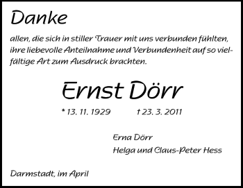 Traueranzeige von Ernst Dörr von Darmstädter Echo, Odenwälder Echo, Rüsselsheimer Echo, Groß-Gerauer-Echo, Ried Echo