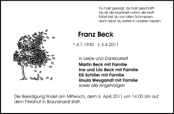 Traueranzeige von Franz Beck von Echo-Zeitungen (Gesamtausgabe)