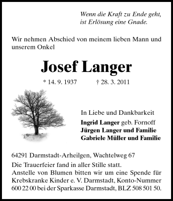 Traueranzeige von Josef Langer von Echo-Zeitungen (Gesamtausgabe)