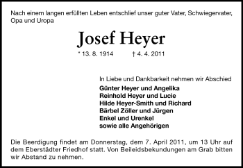 Traueranzeige von Josef Heyer von Echo-Zeitungen (Gesamtausgabe)