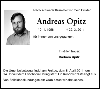 Traueranzeige von Andreas Opitz von Darmstädter Echo, Odenwälder Echo, Rüsselsheimer Echo, Groß-Gerauer-Echo, Ried Echo