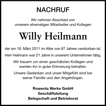 Traueranzeige von Willy Heilmann von Odenwälder Echo