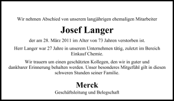 Traueranzeige von Josef Langer von Darmstädter Echo, Odenwälder Echo, Rüsselsheimer Echo, Groß-Gerauer-Echo, Ried Echo