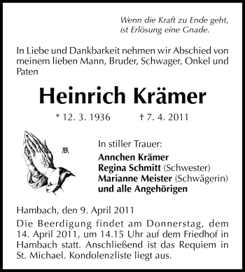 Traueranzeige von Heinrich Krämer von Starkenburger Echo
