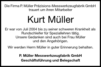 Traueranzeige von Kurt Müller von Echo-Zeitungen (Gesamtausgabe)