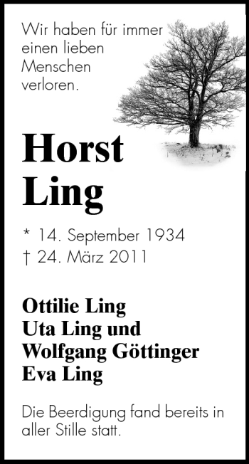 Traueranzeige von Horst Ling von Echo-Zeitungen (Gesamtausgabe)